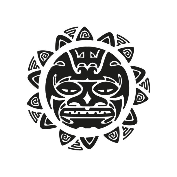 ilustraciones, imágenes clip art, dibujos animados e iconos de stock de adorno de tatuaje maorí. cara enojada por el sol. máscara étnica. ilustración vectorial - pattern maori tattoo indigenous culture