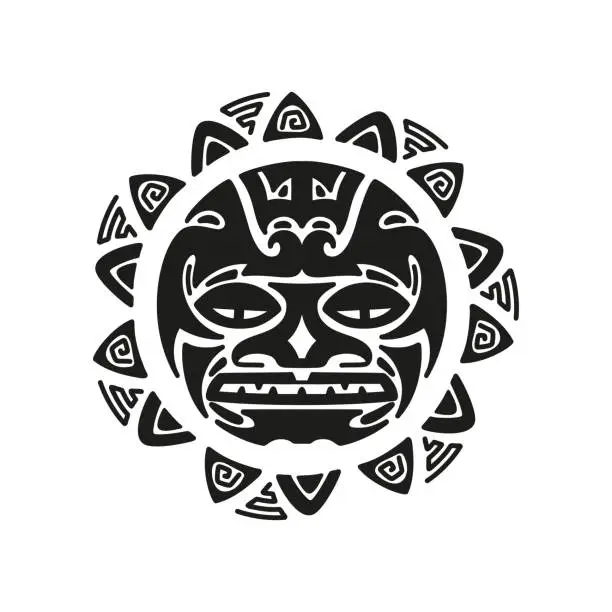 Vector illustration of Maori Tattoo Ornament. Sun Angry Face. Ethnic Mask. Vector illustration