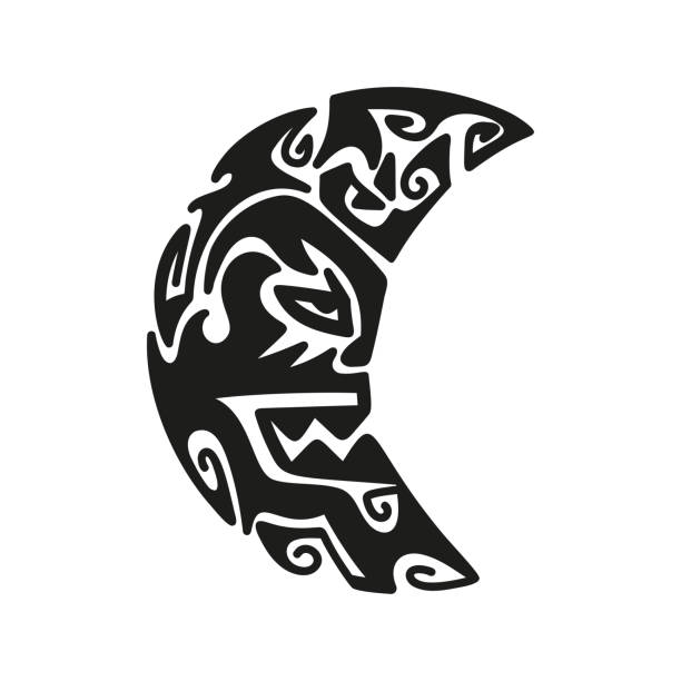 illustrazioni stock, clip art, cartoni animati e icone di tendenza di moon angry face. ornamento del tatuaggio maori. maschera etnica. illustrazione vettoriale in bianco e nero - tatuaggi maori