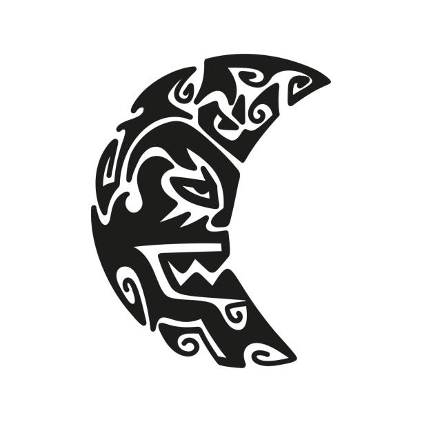 stockillustraties, clipart, cartoons en iconen met moon angry face. maori tattoo ornament. ethnic mask. black and white vector illustration - maoritatoeages