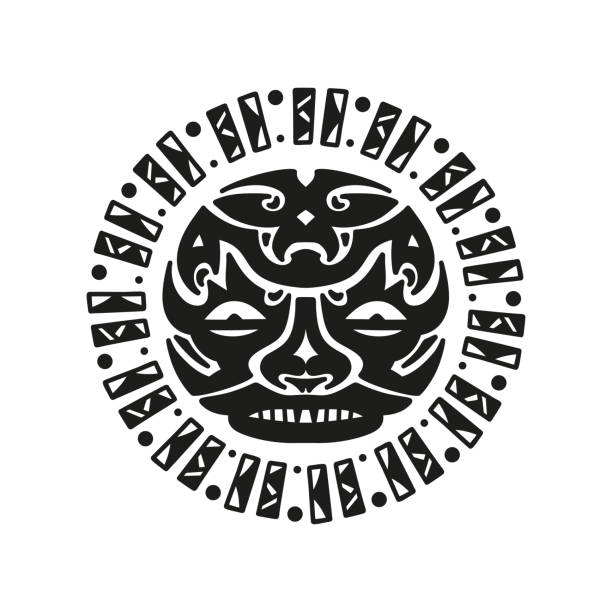 illustrazioni stock, clip art, cartoni animati e icone di tendenza di ornamento del tatuaggio maori vettoriale. sole faccia arrabbiata. maschera etnica. - tatuaggi maori
