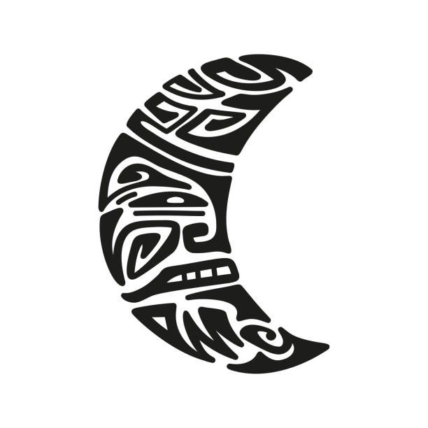 ilustraciones, imágenes clip art, dibujos animados e iconos de stock de adorno de tatuaje maorí. cara enojada de la luna. máscara étnica. ilustración vectorial - pattern maori tattoo indigenous culture