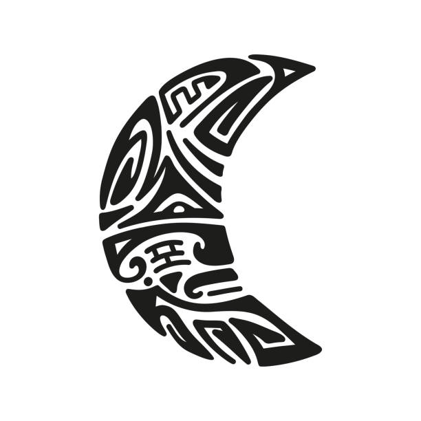 illustrazioni stock, clip art, cartoni animati e icone di tendenza di ornamento del tatuaggio maori vettoriale. moon angry face. maschera etnica. - tatuaggi maori