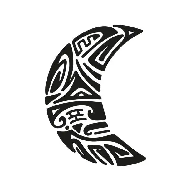 Vector illustration of Vector Maori Tattoo Ornament. Moon Angry Face. Ethnic Mask.