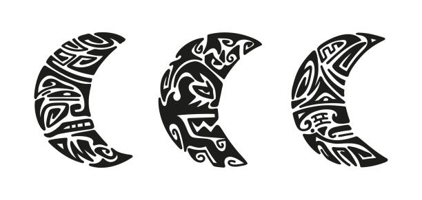 ilustraciones, imágenes clip art, dibujos animados e iconos de stock de adorno de tatuaje maorí. cara enojada de la luna. conjunto de vectores de máscara étnica - pattern maori tattoo indigenous culture