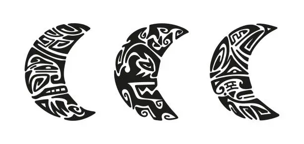 Vector illustration of Maori Tattoo Ornament. Moon Angry Face. Ethnic Mask Vector Set