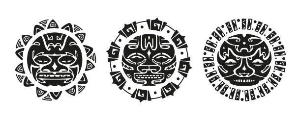 illustrazioni stock, clip art, cartoni animati e icone di tendenza di ornamento del tatuaggio maori. sole faccia arrabbiata. set vettoriale maschera etnica - tatuaggi maori
