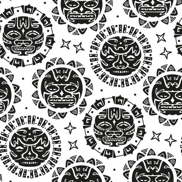 Vector illustration of Sun Angry Face Seamless Pattern. Maori Tattoo Ornament. Ethnic Mask. Black and White Vector illustration