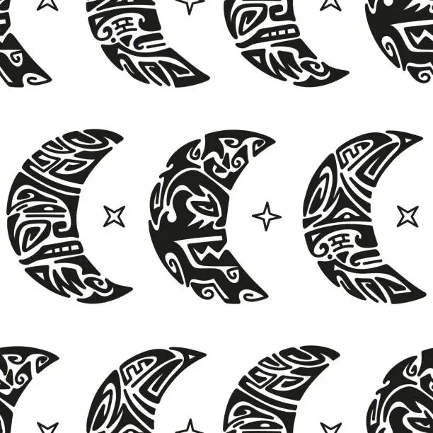 Vector illustration of Moon Angry Face Seamless Pattern. Maori Tattoo Ornament. Ethnic Mask. Black and White Vector illustration