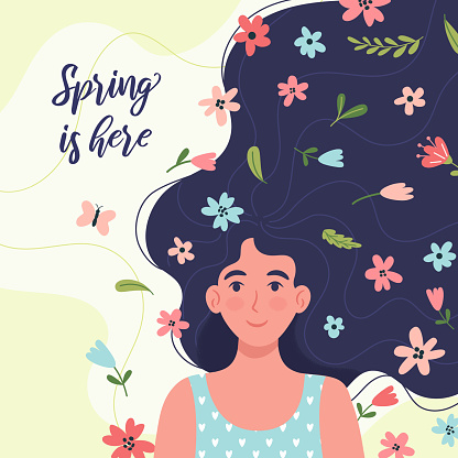 Spring greeting card or postcard template with beautiful woman and flowers. Lovely cute illustration for 8 March, Women's Day celebration.