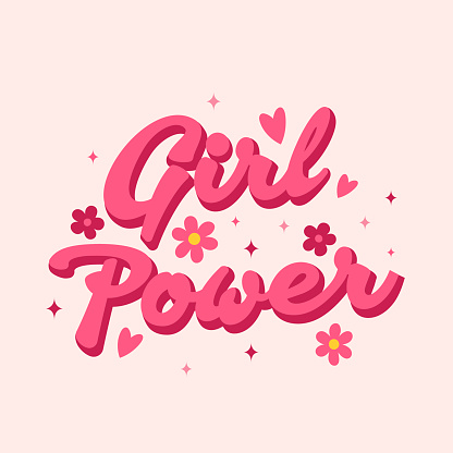 Girl Power. Trendy retro slogan, quote in 60s, 70s, 80s style. Greeting card, poster, print, social media template. Retro lettering, pink cute girly inscription.