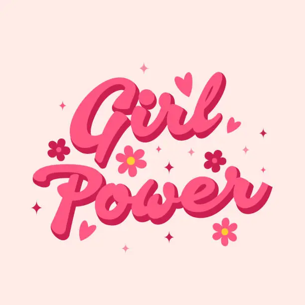 Vector illustration of Girl Power. Trendy retro slogan, quote in 60s, 70s, 80s style. Greeting card, poster, print, social media template. Retro lettering, pink cute girly inscription.