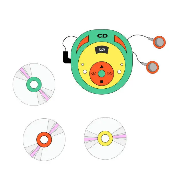 Vector illustration of Illustration of CD player, headphones and CD discs with music.