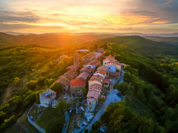 Hum, the smallest city in the World. Aerial view at magnificient medieval town on the mountain top. Popular tourist attraction in Istria, Croatia.