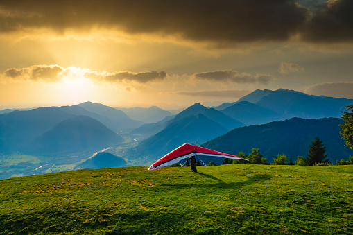 Hang glider ready to take off in magnificient Soca valley in Slovenia. Kobala starting place near Tolmin. Europe popular travel destination and outdoor activity paradise.
