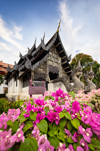 Temple Shrine inside the famous Wat Chedi Luang Temple Complex. Colorful Flowers in Flowerbed in the Photo foreground. Selective Focus on Temple Shrine.. Chiang Mai. Wat Chedi Luang, Chiang Mai, Thailand, Southeast Asia