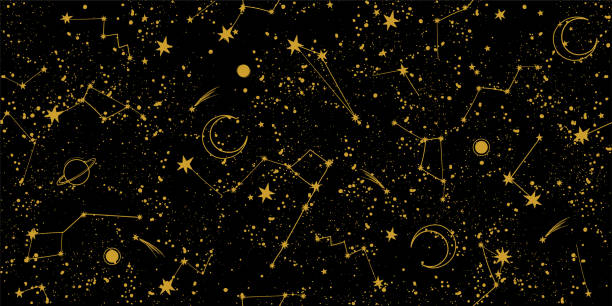 Black night sky with constellations seamless pattern for tarot. Template for astrology, natal chart, yoga. Boho banner with place for text, vector background for horoscope design. Black night sky with constellations seamless pattern for tarot. Template for astrology, natal chart, yoga. Boho banner with place for text, vector background for horoscope design astrology chart stock illustrations