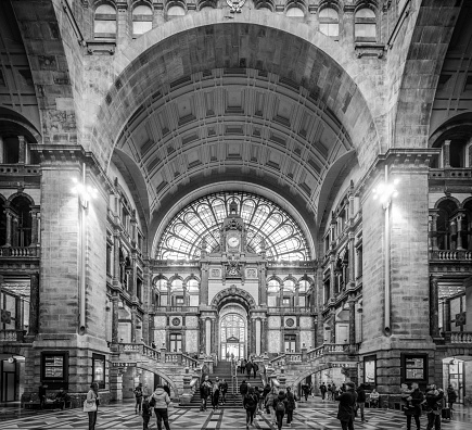 Antwerp, Belgium - February 11th, 2023: Hall of the famous restored Antwerp Central Train Station