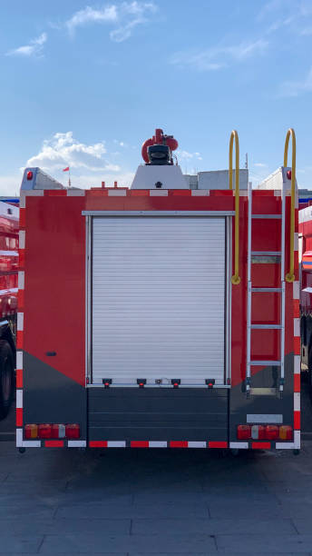 istock Fire truck from the back in a sunlight. New fire trucks. Emergency services concept 1465275205
