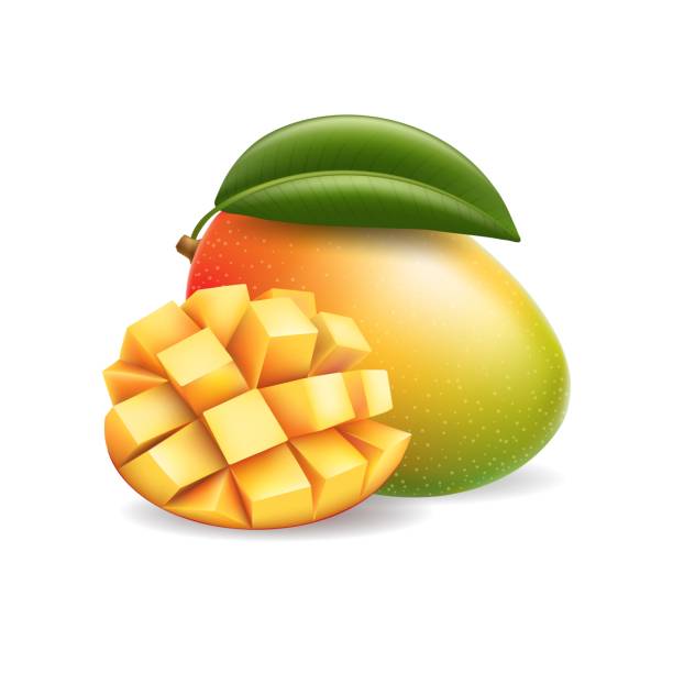 Cutting mango 3d cartoon illustration Cutting mango. Red yelliow green mangos pulp, ripe juicy cut into square pieces flesh fruit 3d cartoon isolated vector illustration mango jam stock illustrations