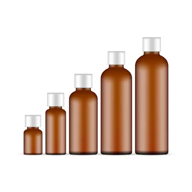 Vector illustration of Set of Amber Plastic Round Bottles, Isolated on White Background