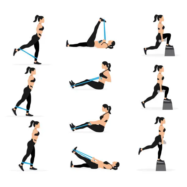 Vector illustration of Athletic Woman in Sportswear Doing Exercises With Resistance Bands, Dumbbells on Step Platform