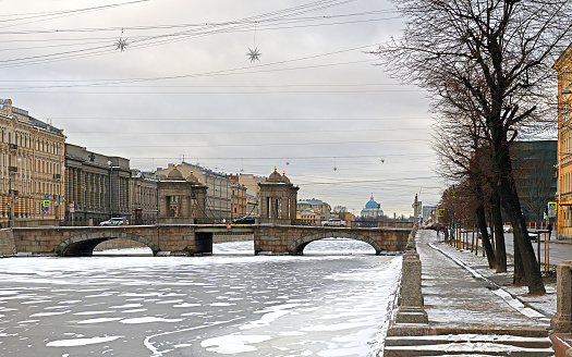 Fontanka River Embankment and Lomonosov Bridge, best preserved of towered movable bridges that used to be typical for Saint Petersburg in 18th century
