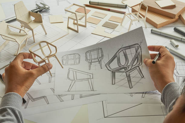 istock Designer sketching drawing design development product plan draft chair armchair Wingback Interior furniture prototype manufacturing production. designer studio concept . 1465276267
