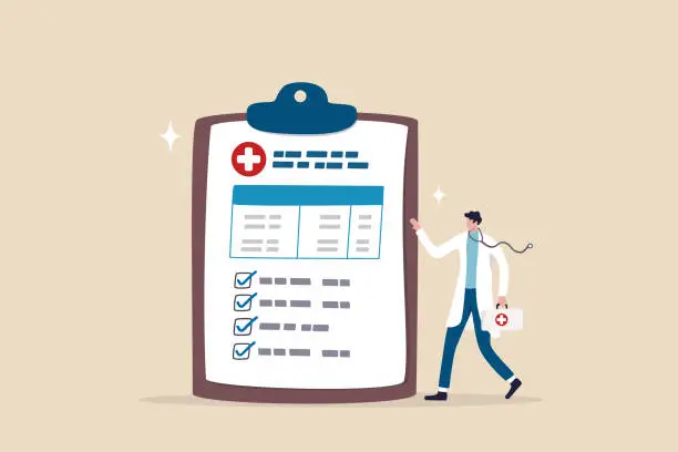 Vector illustration of Medical clipboard, prescription or insurance document, health check or doctor diagnosis record, medicine or medicare checklist concept, doctor with stethoscope holding medical clipboard prescription.