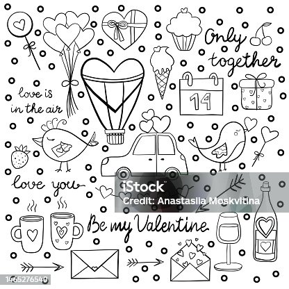 istock Romantic set pattern for Valentine's day. Vector hand drawn lines illustration. 1465276540