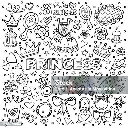 istock Set Princess for Valentine's day. Vector hand drawn black lines illustration. 1465276553