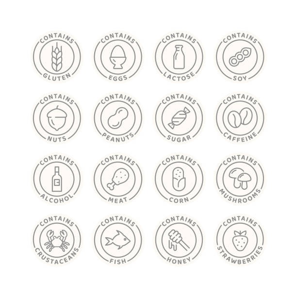 zestaw ikon wektorowych składników żywności i alergenów - healthy eating food and drink nutrition label food stock illustrations