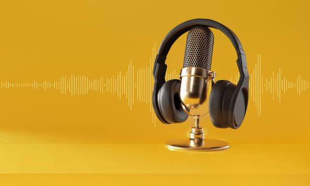 istock Gold microphone, black Headphones and sound wave on yellow background. 3D rendering. 1465276700