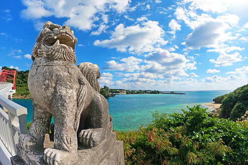 Okinawa Sea and Shisa blue sky Ikei Bridge