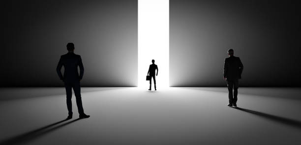 istock 3d render. 3 businessman standing to the opening gate with clearance 1465278465