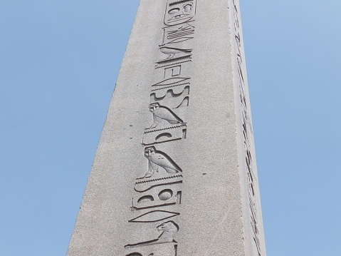 Istanbul, Turkey – April 29, 2019 : Thutmose III Obelisk. Located in Istanbul.\nThis obelisk was erected by Theodosius I of the Eastern Roman Empire (reigned 379-395). It is also called \