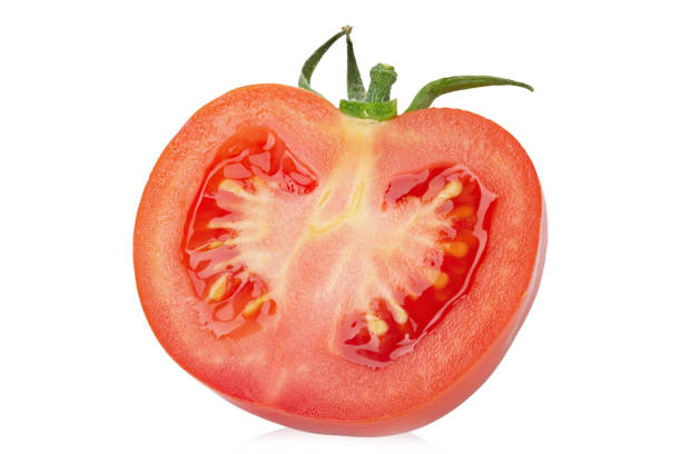 istock Half fresh juicy red tomato isolated on white background. File contains clipping path. 1465279649