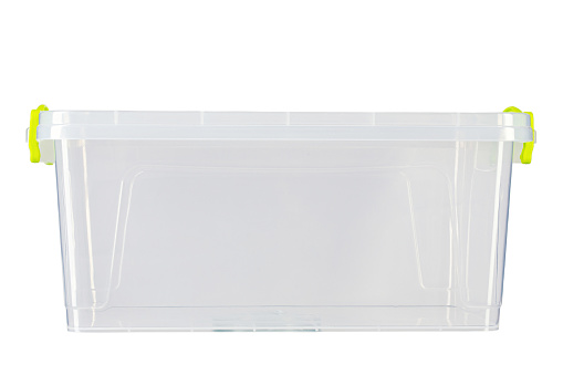Reusable empty plastic food storage container isolated on white background. File contains clipping path.