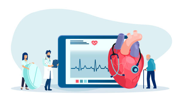 ilustrações de stock, clip art, desenhos animados e ícones de vector of a senior patient and a doctor cardiologist prescribing medicine to lower blood pressure - nurse illness doctor heart disease