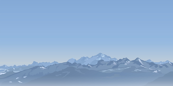 Mountain landscape, showing a panoramic view of the Alps with its highest point, Mont-Blanc.
