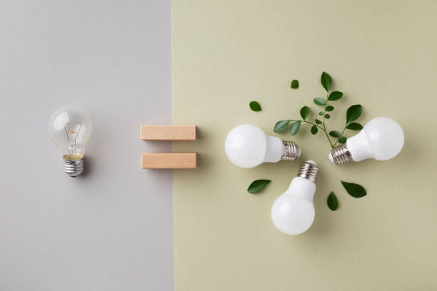 istock Energy efficiency concept with new generation led and simple old incandescent lightbulb top view. Power saving, eco and sustainable lifestyle. 1465284900
