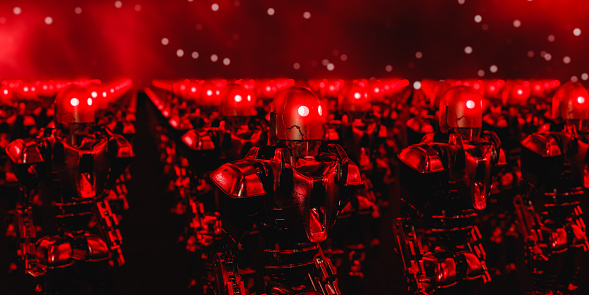 3d render of scary cyborgs in metal costumes and helmets with glowing eyes standing in dark tunnel with bright red illumination. Robots have turned against humans