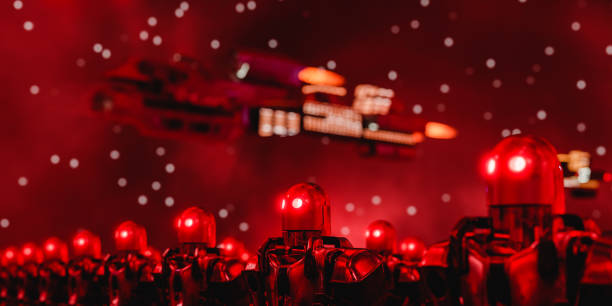 istock Row of similar robots with neon eyes standing under starry sky. 3d render 1465284921