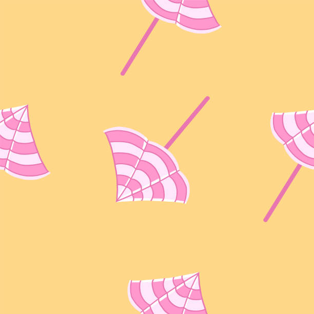 Pink Beach Umbrella seamless pattern in cartoon flat style Pink beach umbrella seamless pattern. Vector illustration in cartoon flat style isolated on orange background pink beach umbrella stock illustrations