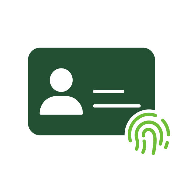 指紋シルエットアイコン付きの個人idカード。会社の従業員のピクトグラムの拇印idプラスチックカードid。ユーザー指紋セキュリティ id 署名。分離型ベクターイラスト - fingerprint identity id card biometrics点のイラスト素材／クリップアート素材／マンガ素材／アイコン素材