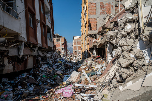 The wreckage of a collapsed building after the earthquake