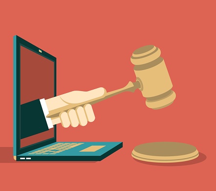 A human hand through the computer screen holds a wooden gavel. Modern technology, smart phone app and online auction flat concept illustration.