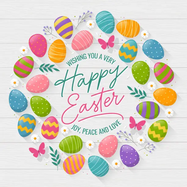 Vector illustration of Easter wreath greeting card with colorful eggs and daisies on wood background.