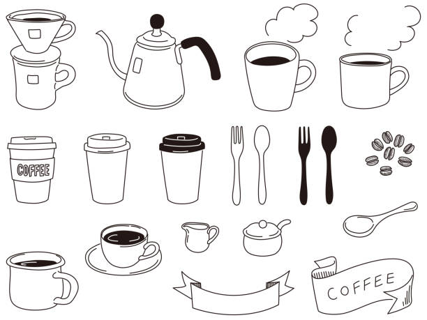 illustrazioni stock, clip art, cartoni animati e icone di tendenza di caffè e tazze dipinti a mano, ecc. - take out food nobody disposable cup coffee