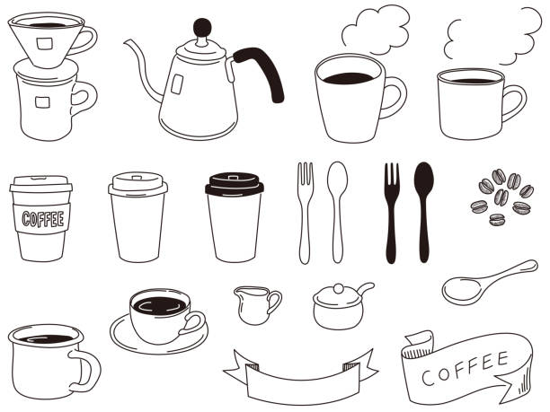 ręcznie malowana kawa i filiżanki itp. - take out food coffee nobody disposable cup stock illustrations